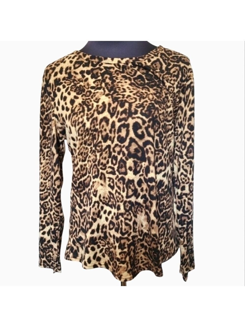 TRÏBE Black & Tan Leopard Print Long Sleeve Cotton Blend Top Size M NWT